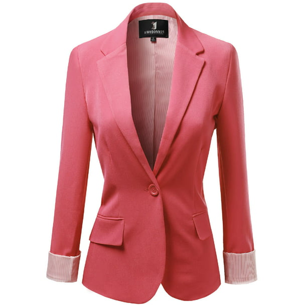 FashionOutfit Women's Solid Long Sleeves One Button Closure Side Pocket Blazer 